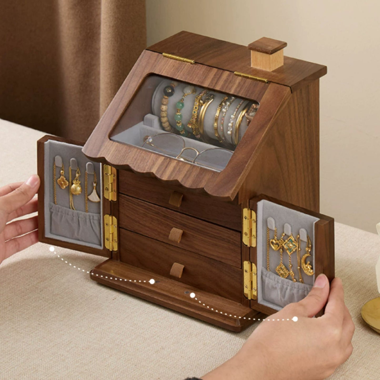 Solid Walnut House Shaped Jewelry Box with Drawers SKU 21181