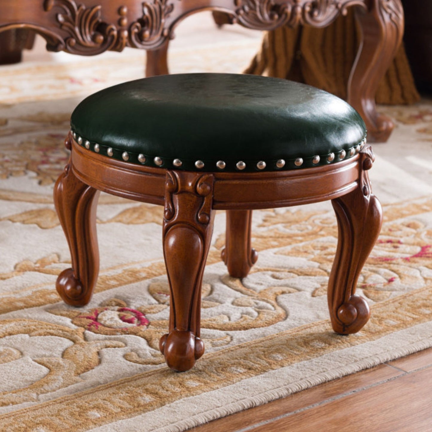 Solid Wood Leather Upholstered Ottoman Stool SKU 52003