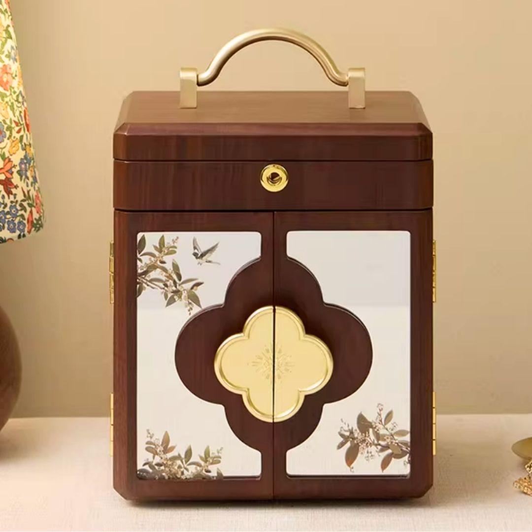 Wooden Jewelry Box Organizer with Mirror and Lock SKU 21160