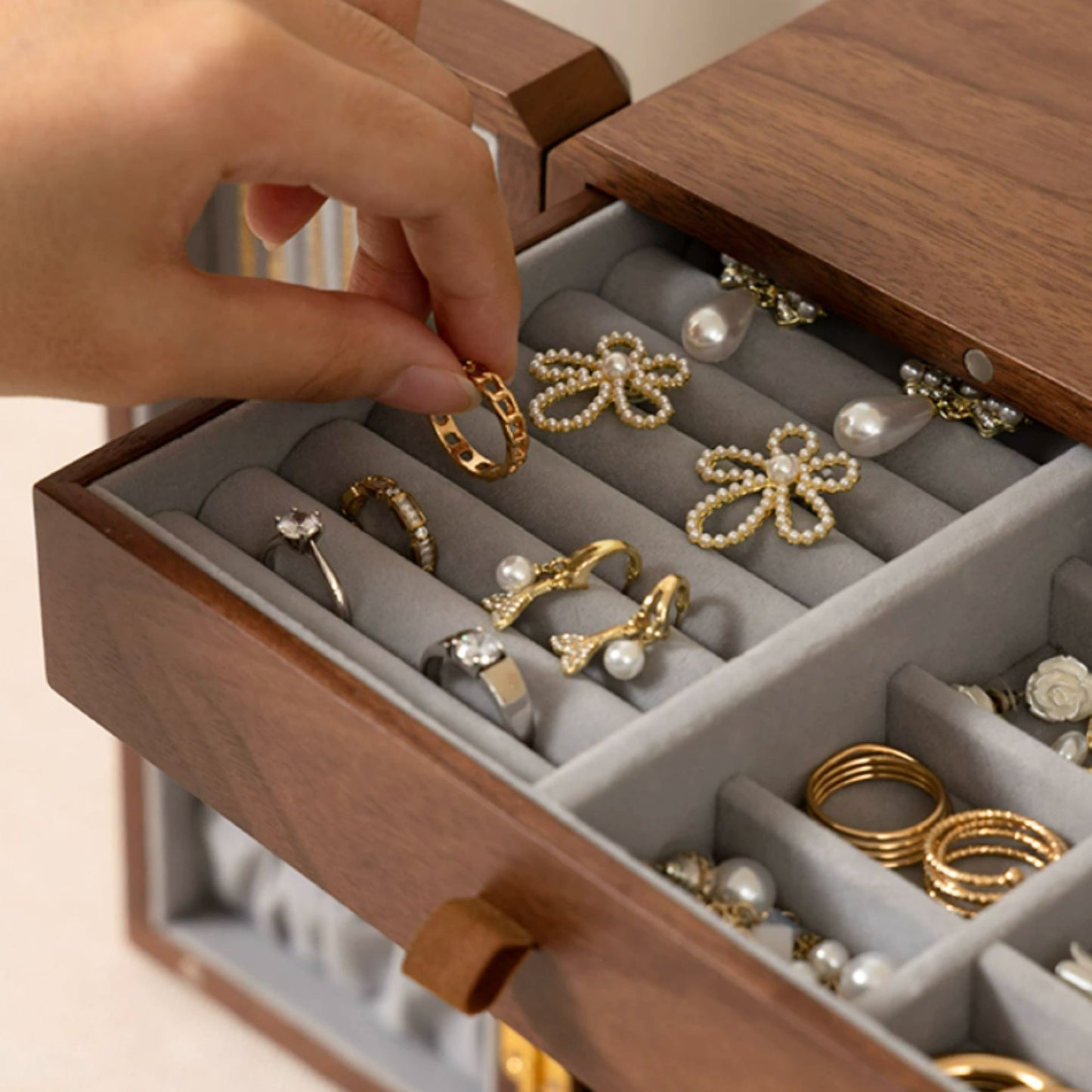Walnut Wood Veneer Jewelry Box with Drawers SKU 21111