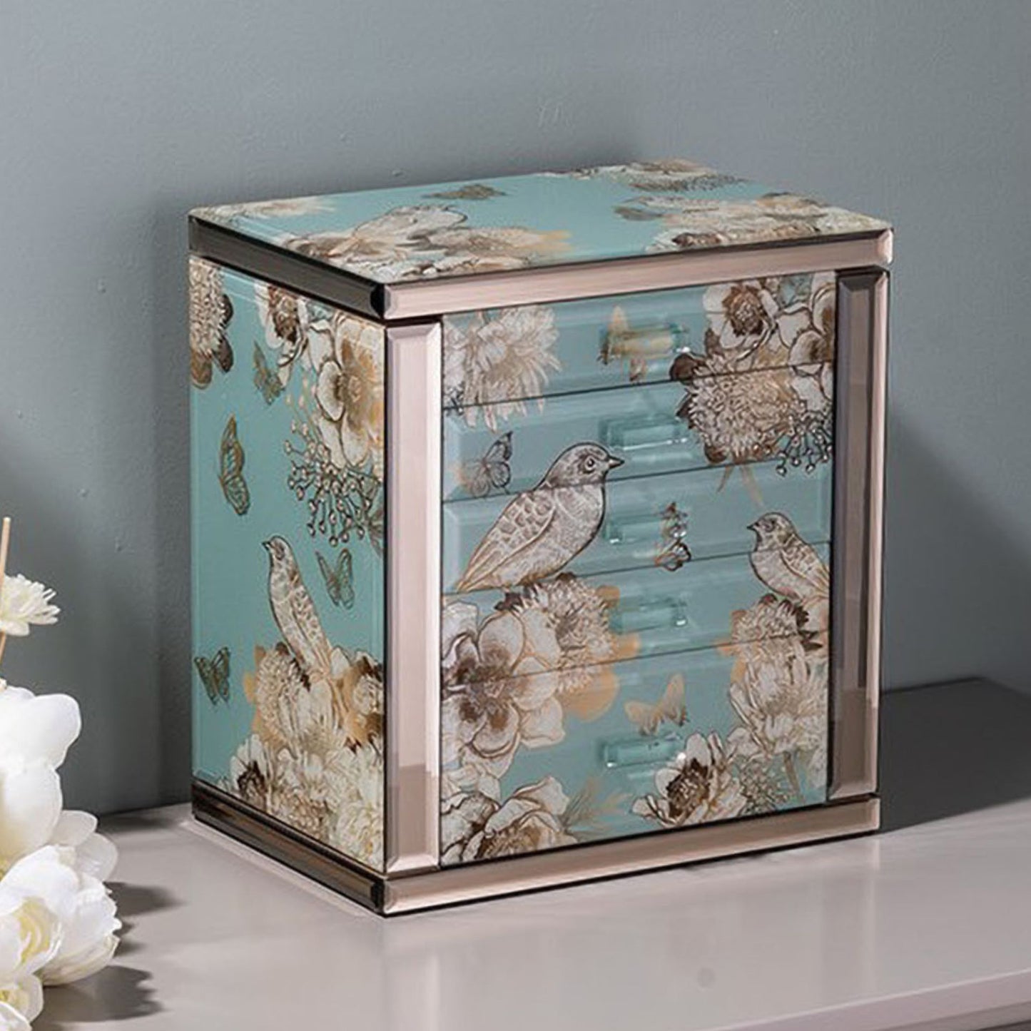 Glass Jewelry Box Organizer with Drawers and Mirror SKU 21168