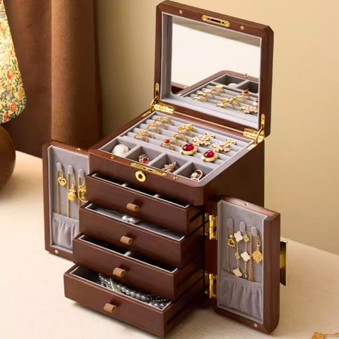 Wooden Jewelry Box Organizer with Mirror and Lock SKU 21160