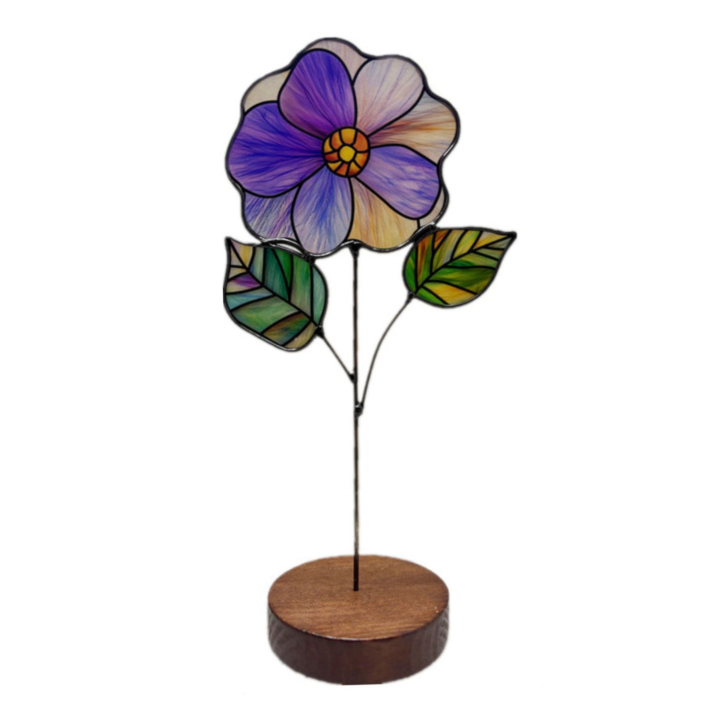 Stained Glass Flower Desk Ornament with Wooden Stand SKU 10037