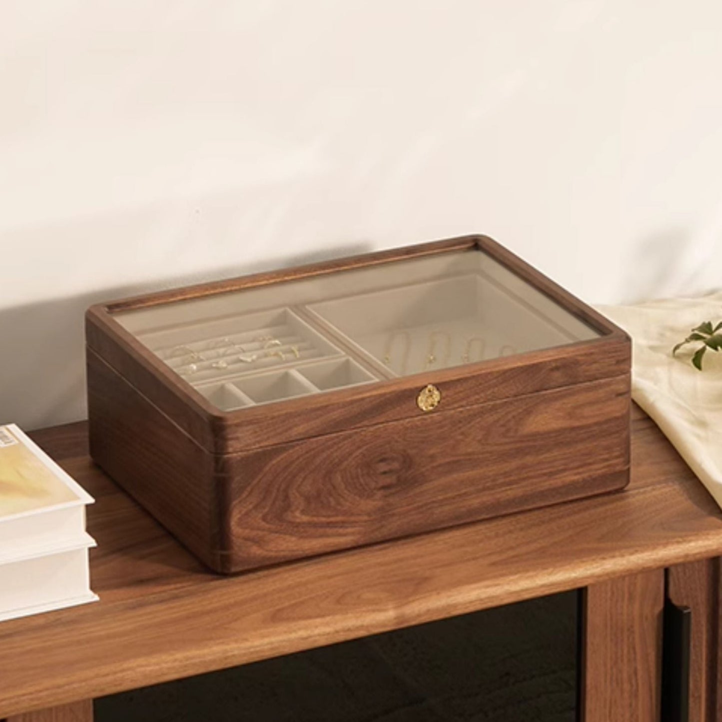 Solid Walnut Wood Jewelry Box with Glass Lid SKU 21135