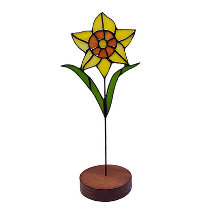 Stained Glass Flower Desk Ornament with Wooden Stand SKU 10037