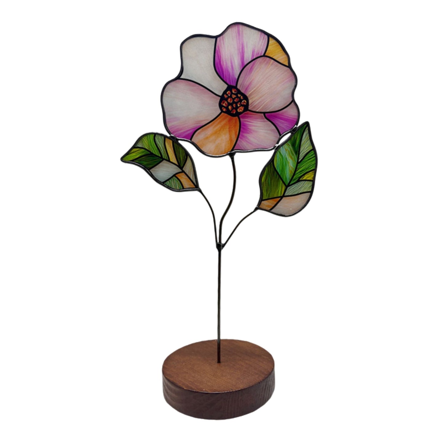 Stained Glass Flower Desk Ornament with Wooden Stand SKU 10037