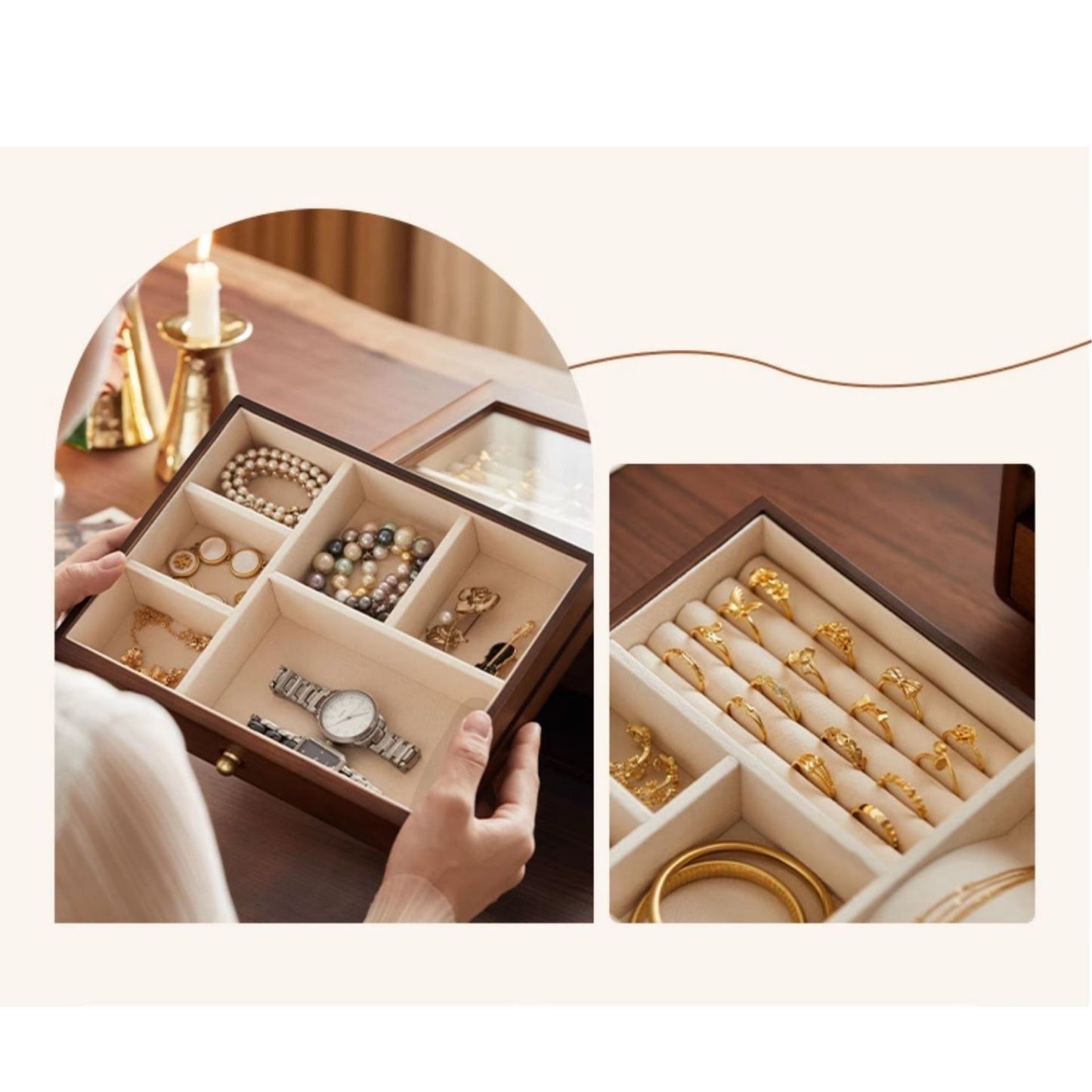 Wooden Jewelry Box with Drawers and Glass Lid SKU 21126