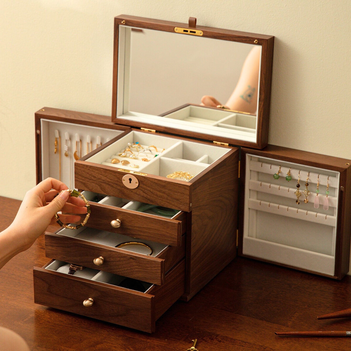 Wooden Jewelry Box with Drawers and Mirror SKU 21142