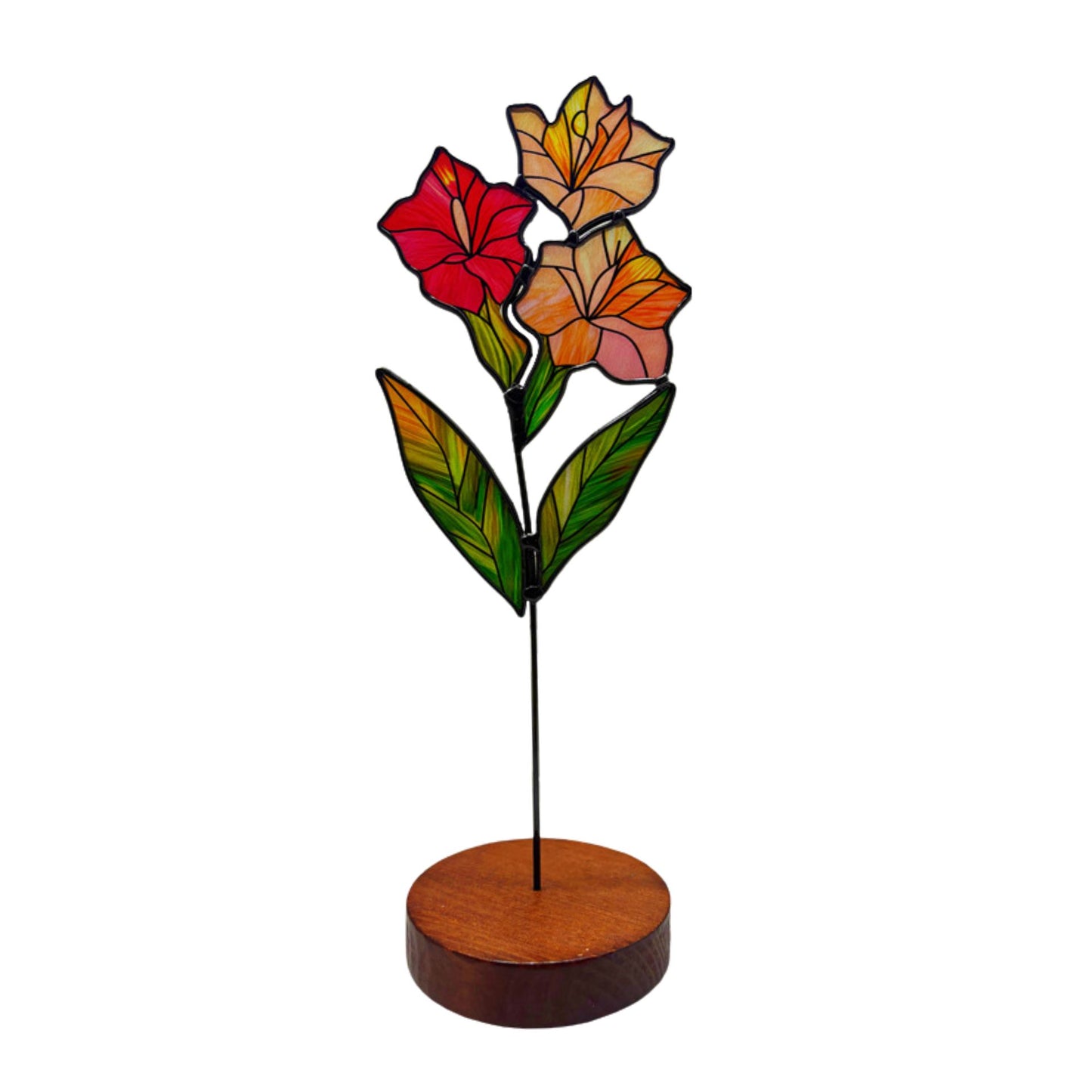 Stained Glass Flower Desk Ornament with Wooden Stand SKU 10037