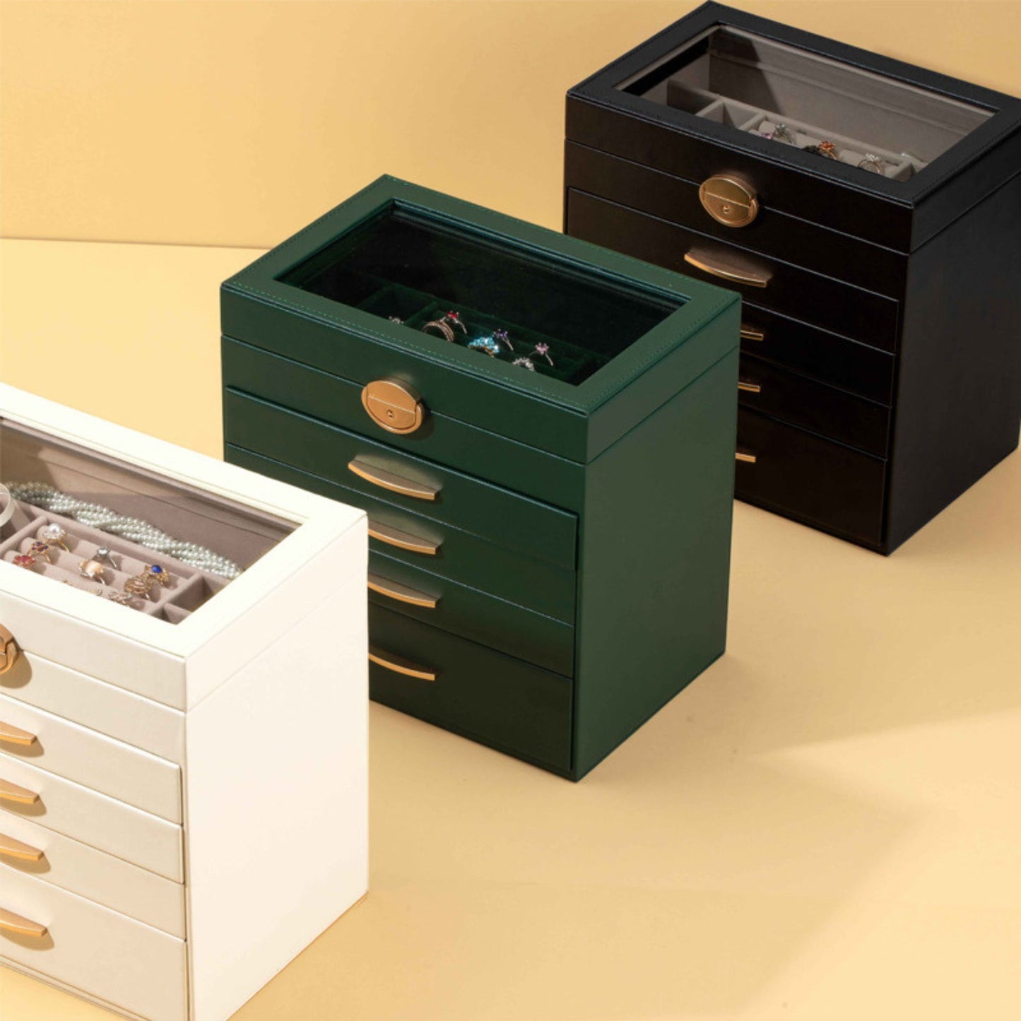 Large Leather Jewelry Box with Lock and Drawers SKU 21101