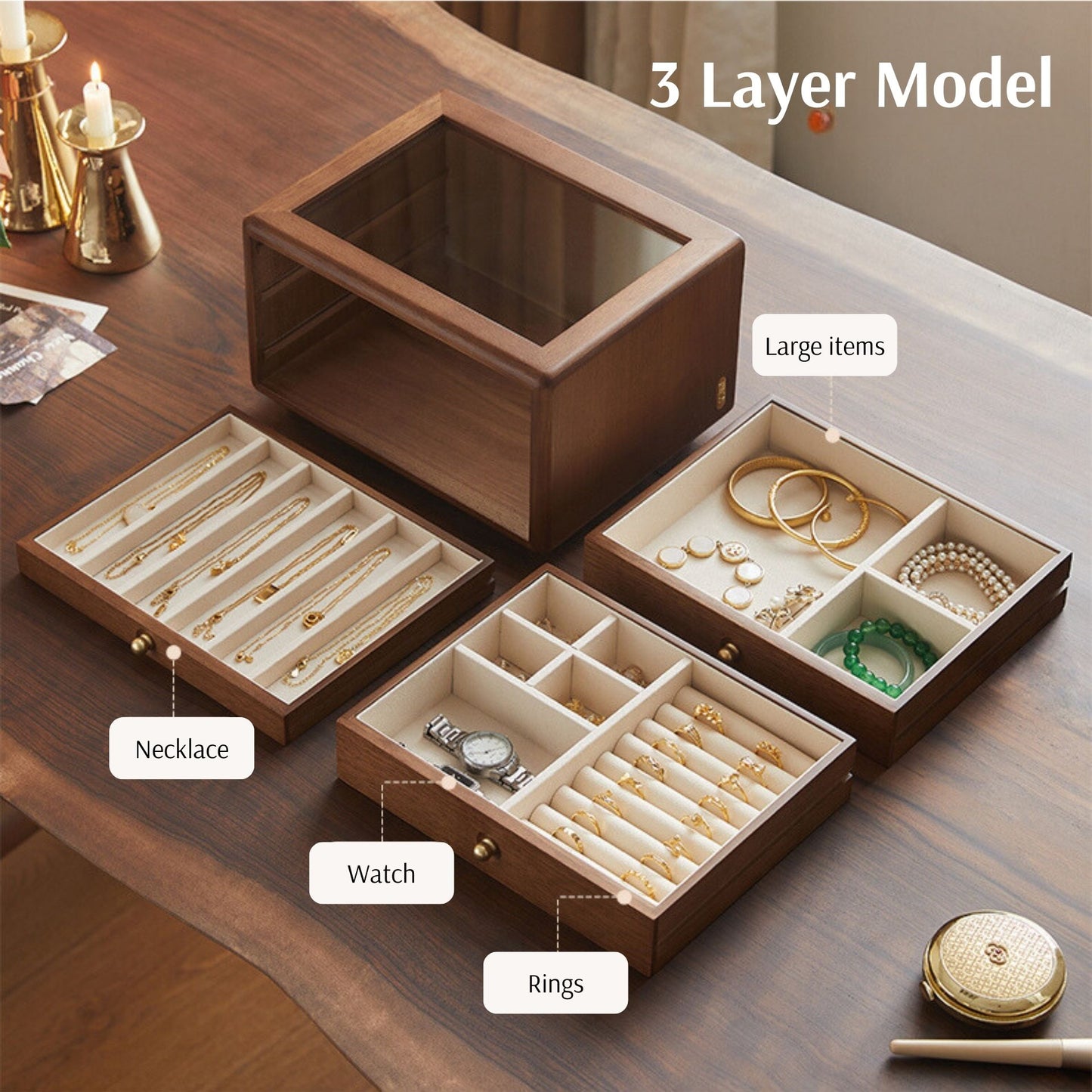 Wooden Jewelry Box with Drawers and Glass Lid SKU 21126