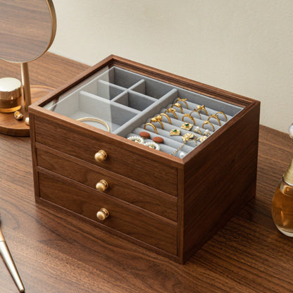 Wooden Jewelry Box with Drawers and Glass Lid SKU 21133