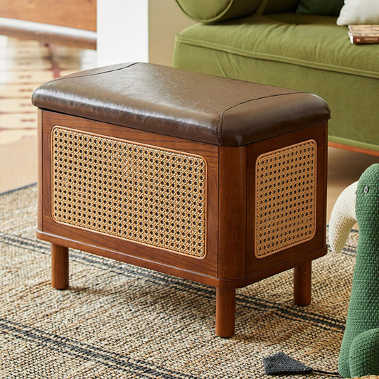 Wooden Upholstered Storage Ottoman Footstool with PE Wicker Sides SKU 52017
