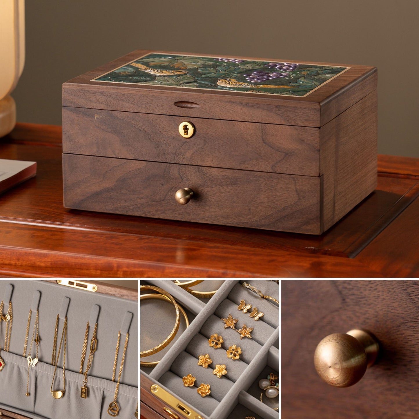Solid Wood Jewelry Box with Hand-Painted Artwork SKU 21185
