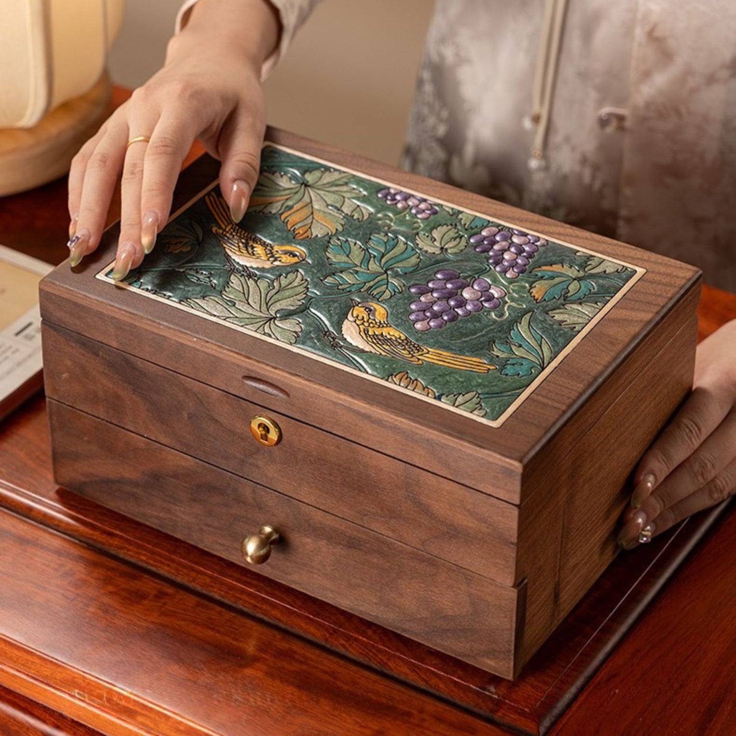 Solid Wood Jewelry Box with Hand-Painted Artwork SKU 21185