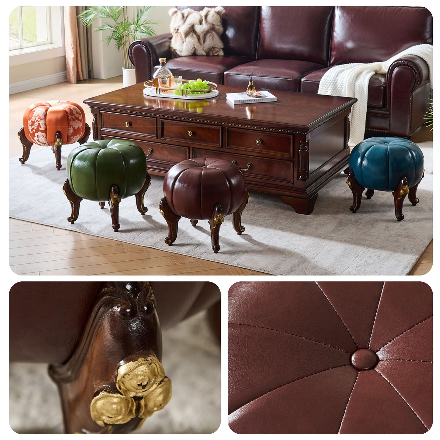 Solid Wood Leather Upholstered Ottoman Stool SKU 52005