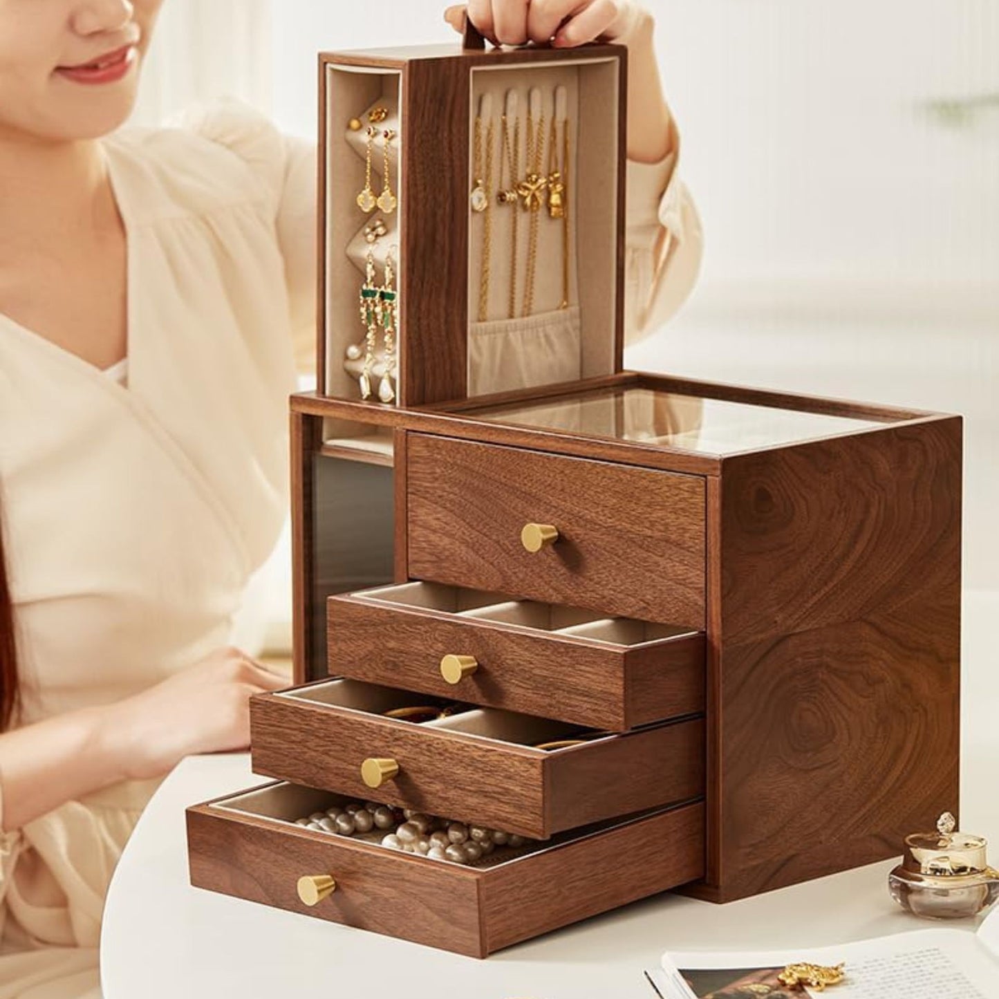 Large Wooden Jewelry Box with Drawers SKU 21115