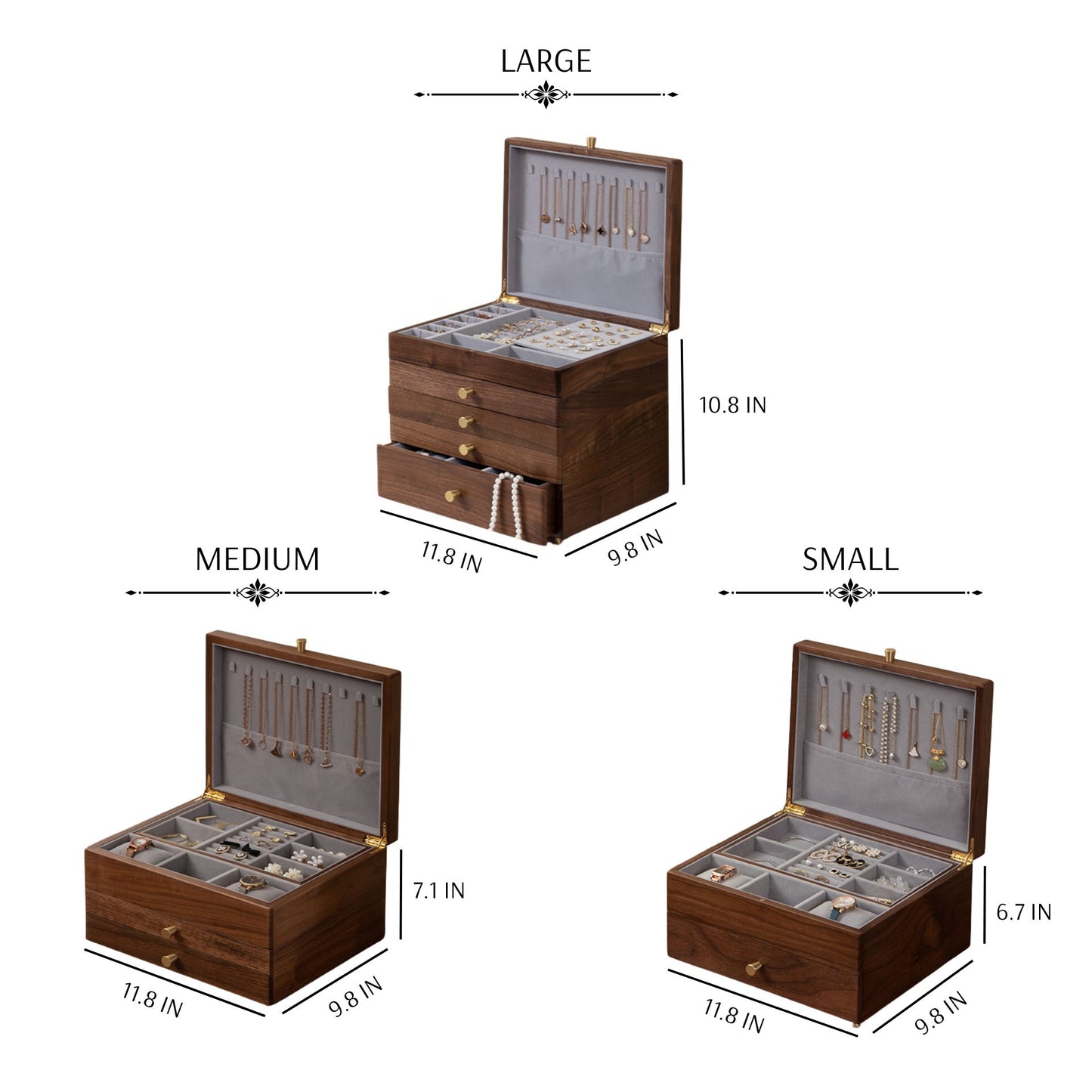 Solid Walnut Wood Jewelry Box with Drawers SKU 21136