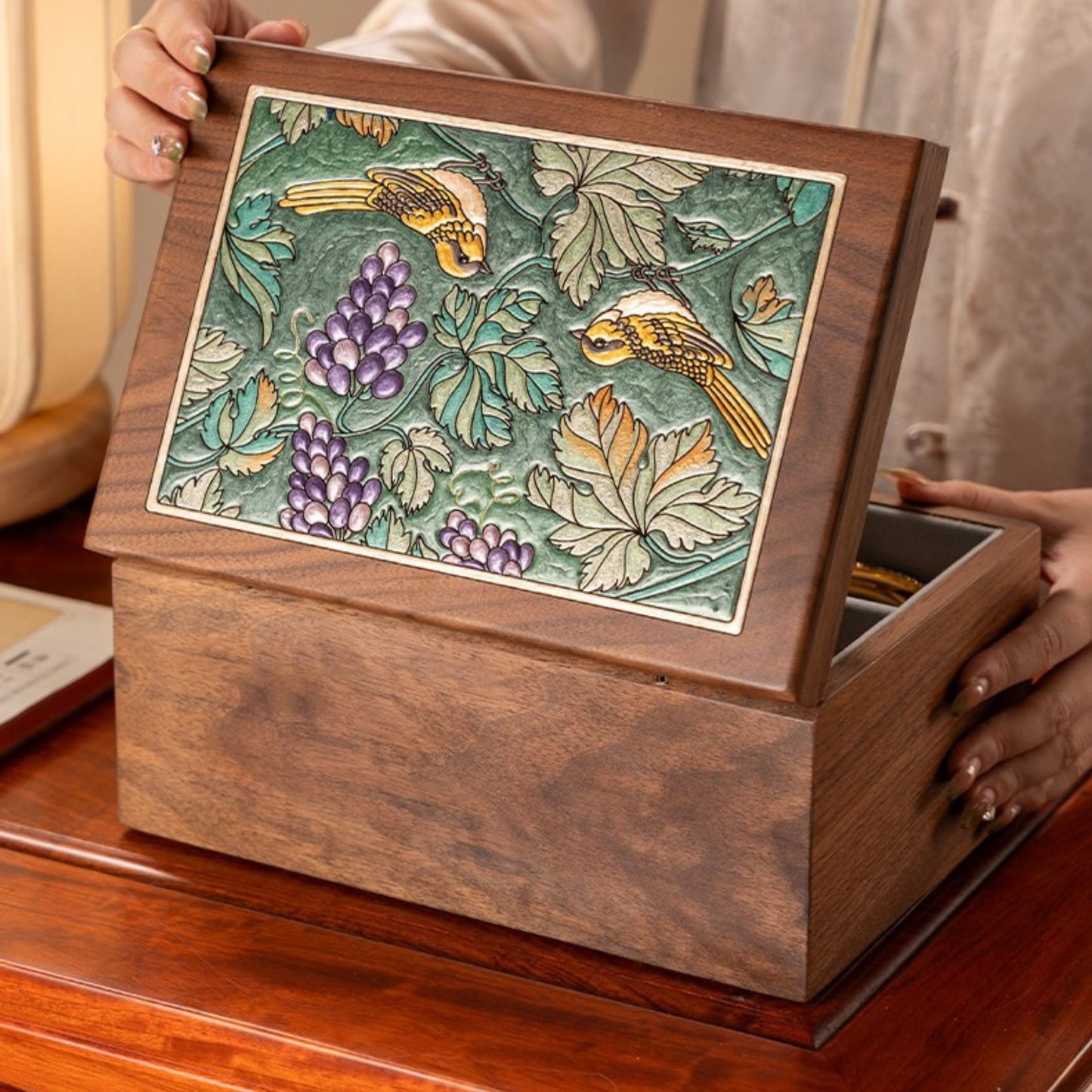 Solid Wood Jewelry Box with Hand-Painted Artwork SKU 21185