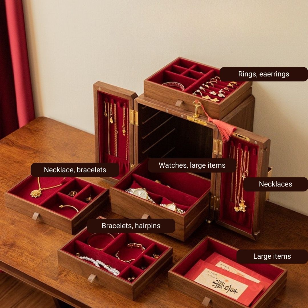 Wooden Jewelry Box with Drawers and Lock for Wedding SKU 21162