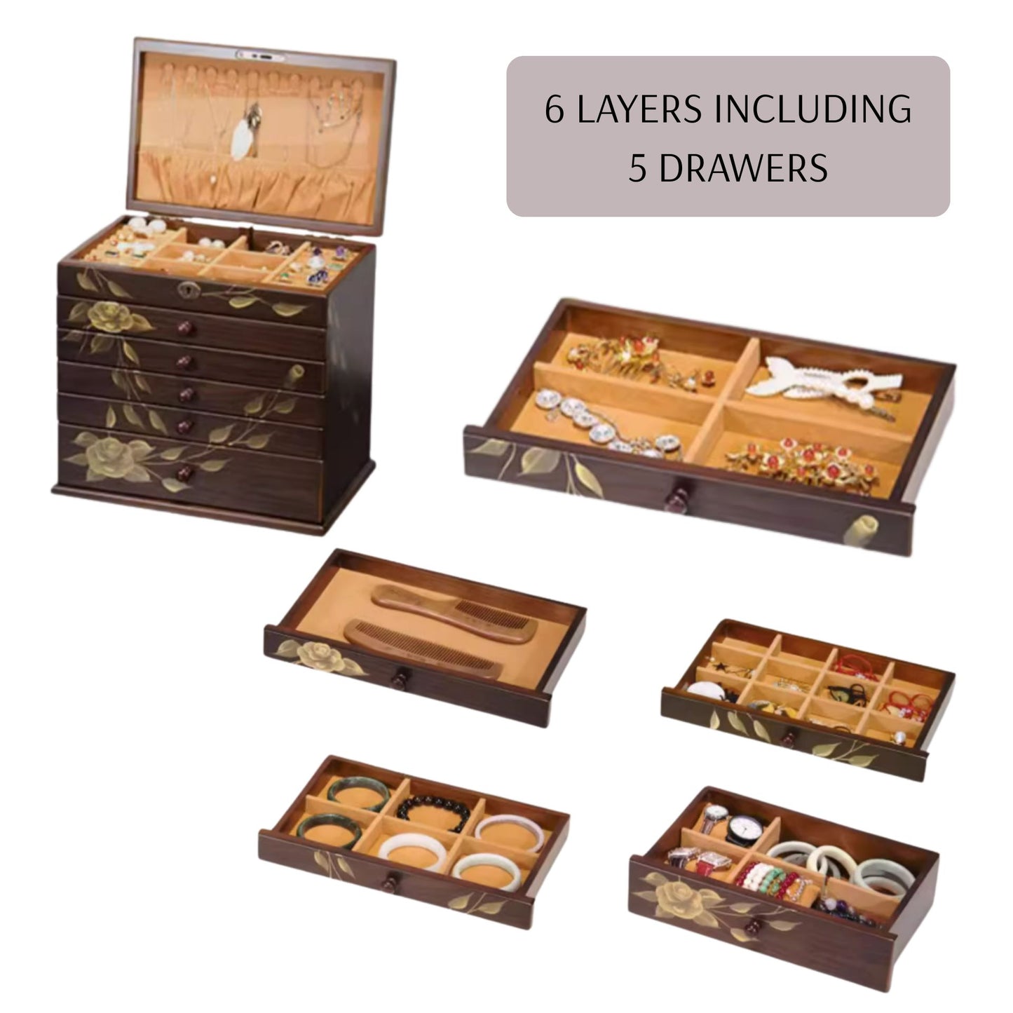 Wooden Jewelry Box with Hand Painted Decoration SKU 21143