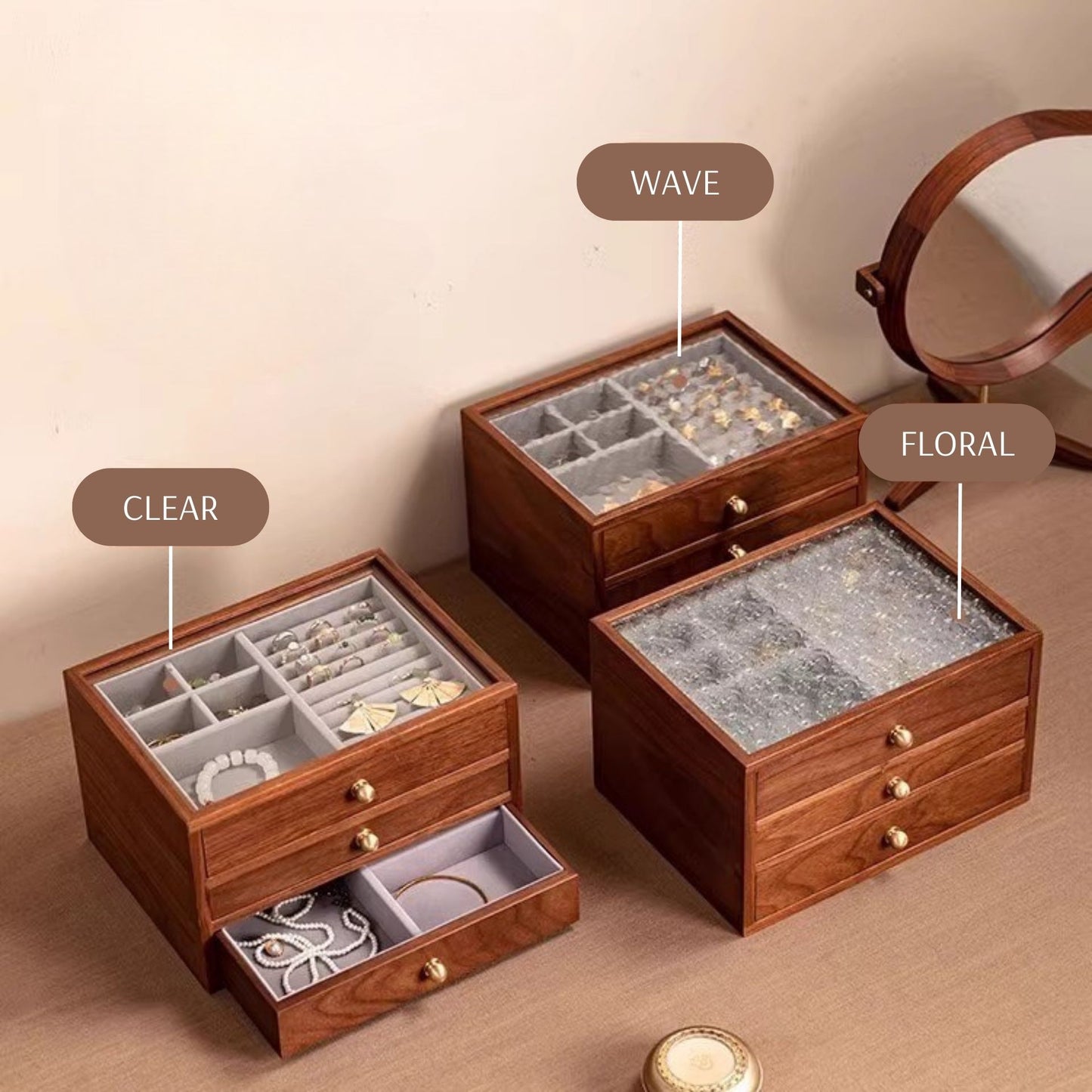 Wooden Jewelry Box with Drawers and Glass Lid SKU 21133