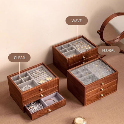 Wooden Jewelry Box with Drawers and Glass Lid SKU 21133