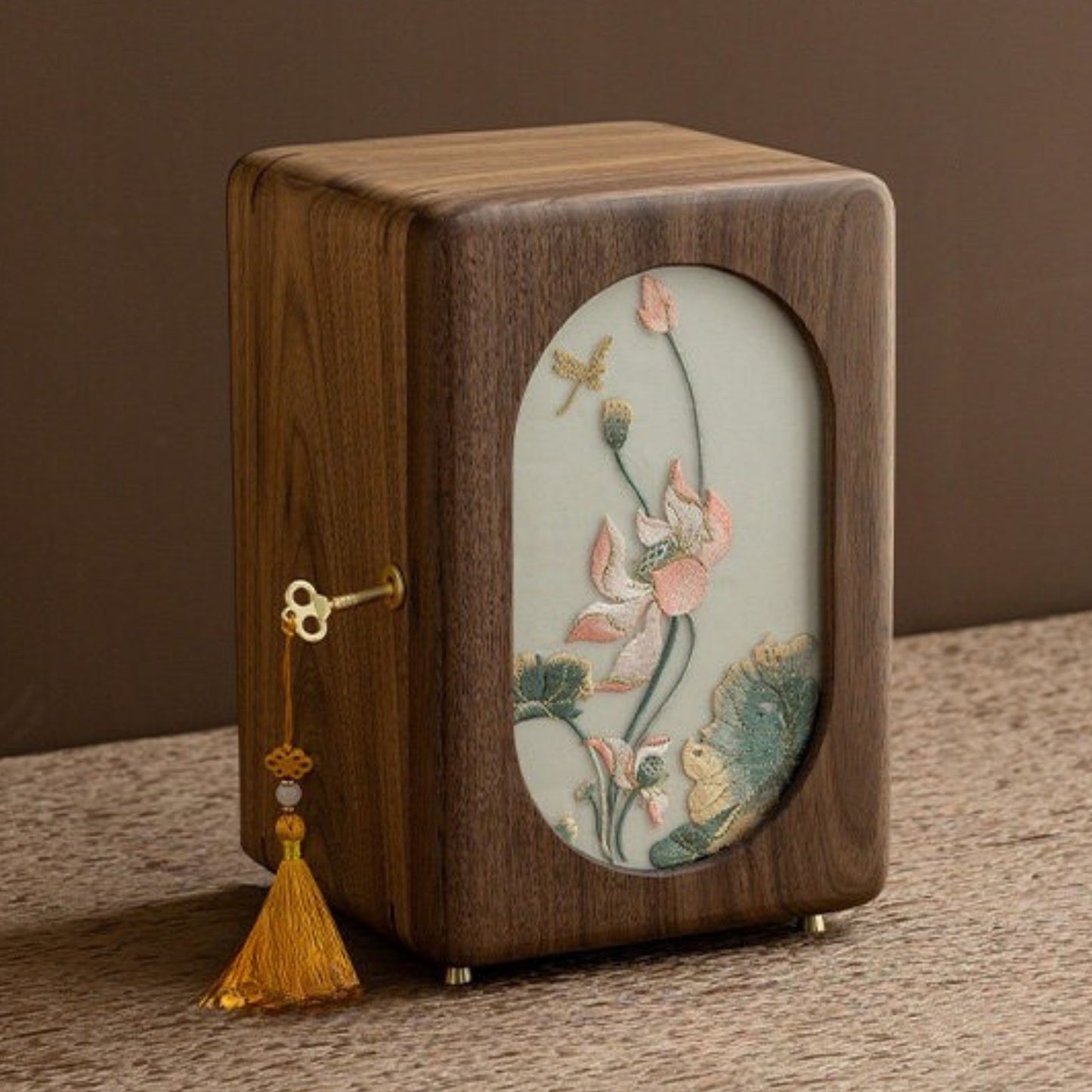 Solid Walnut Jewelry Box with Embroidery SKU 21192
