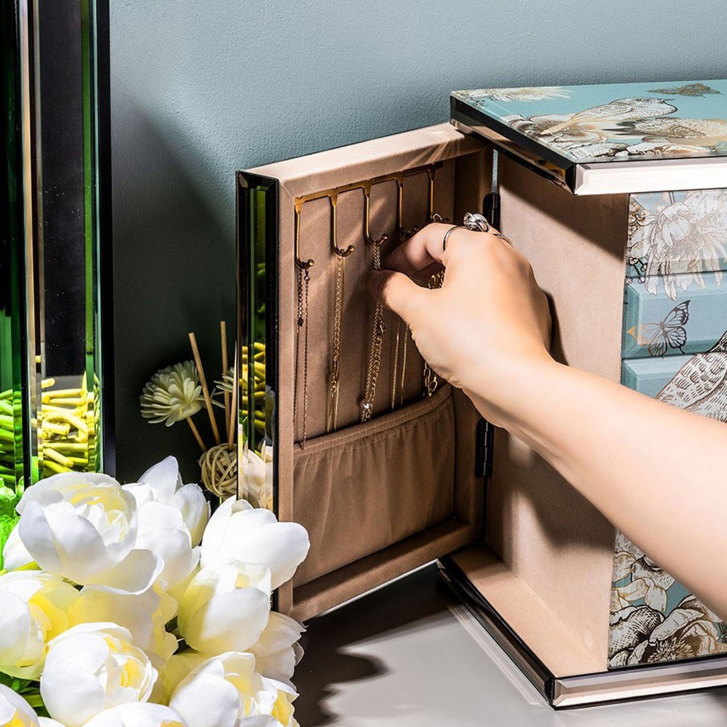 Glass Jewelry Box Organizer with Drawers and Mirror SKU 21168