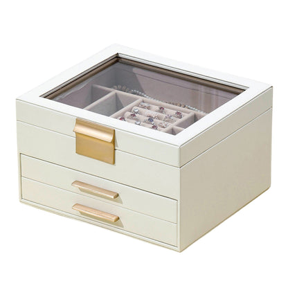 Leather Jewelry Box Organizer with Glass Lid and Drawers SKU 21103