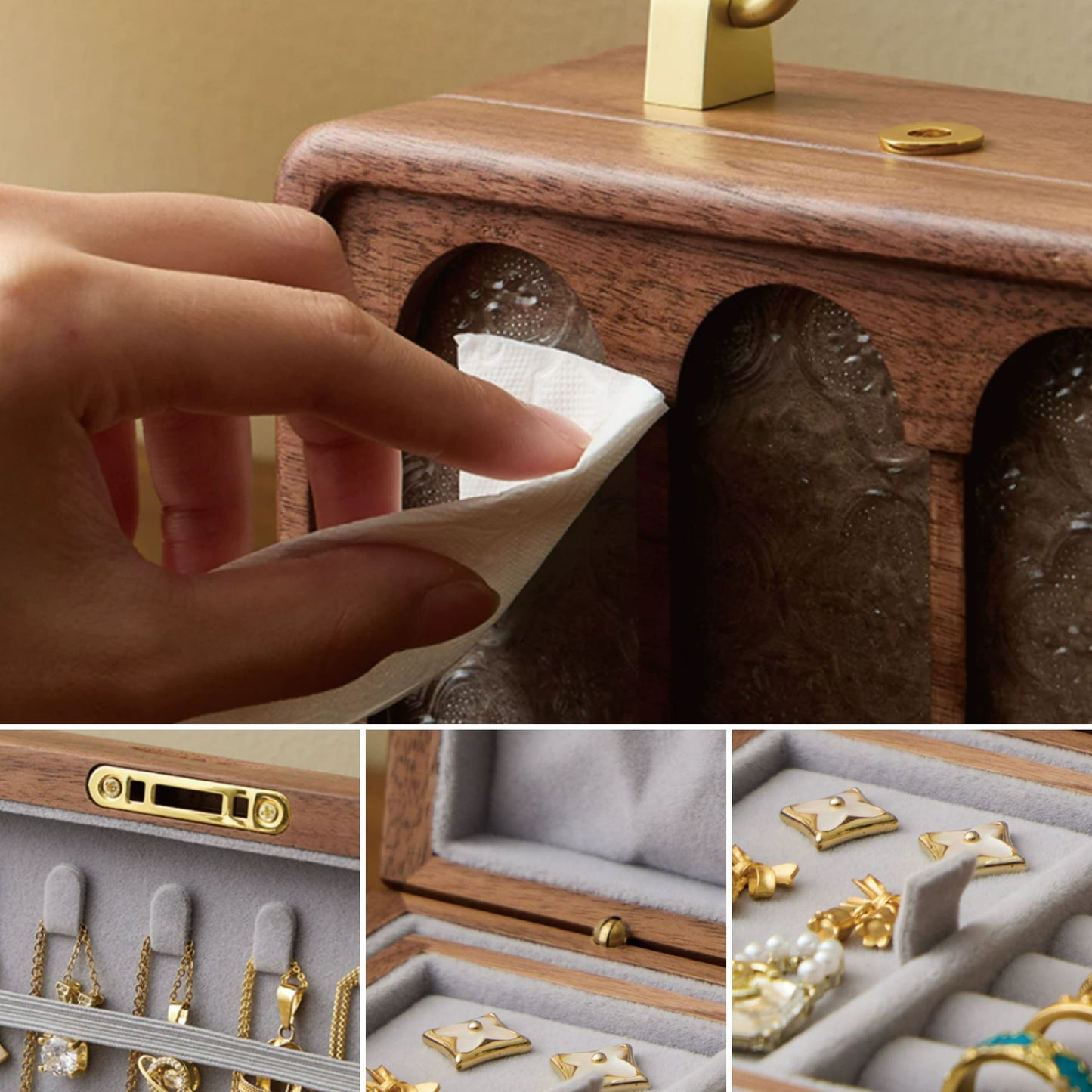 Solid Walnut Jewelry Box with Lock and Carrying Handle SKU 21186