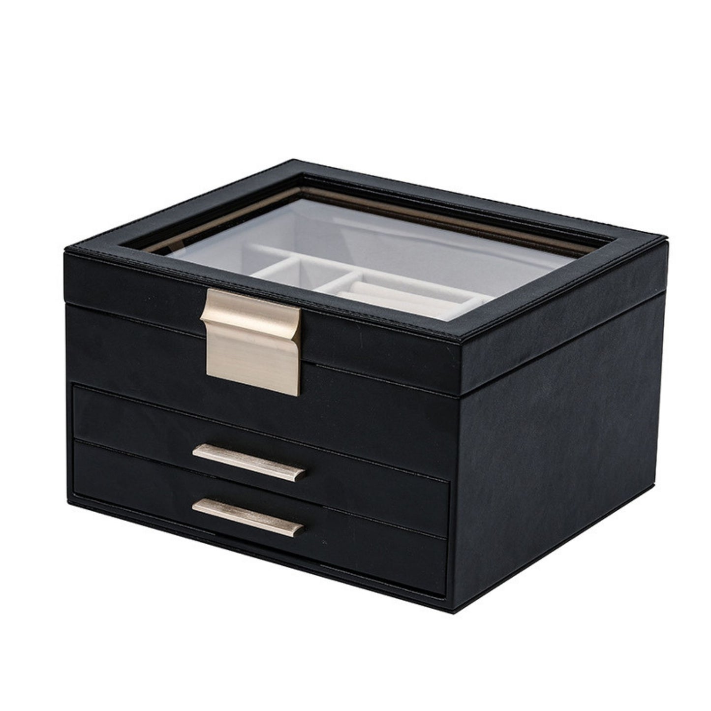 Leather Jewelry Box Organizer with Glass Lid and Drawers SKU 21103