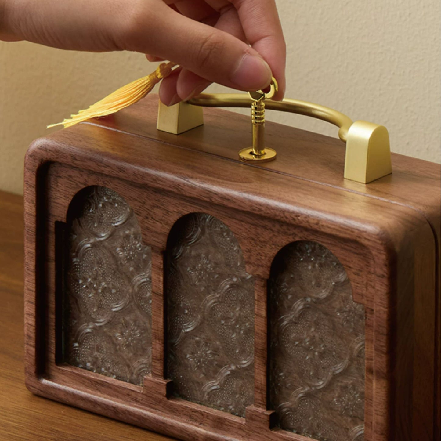 Solid Walnut Jewelry Box with Lock and Carrying Handle SKU 21186