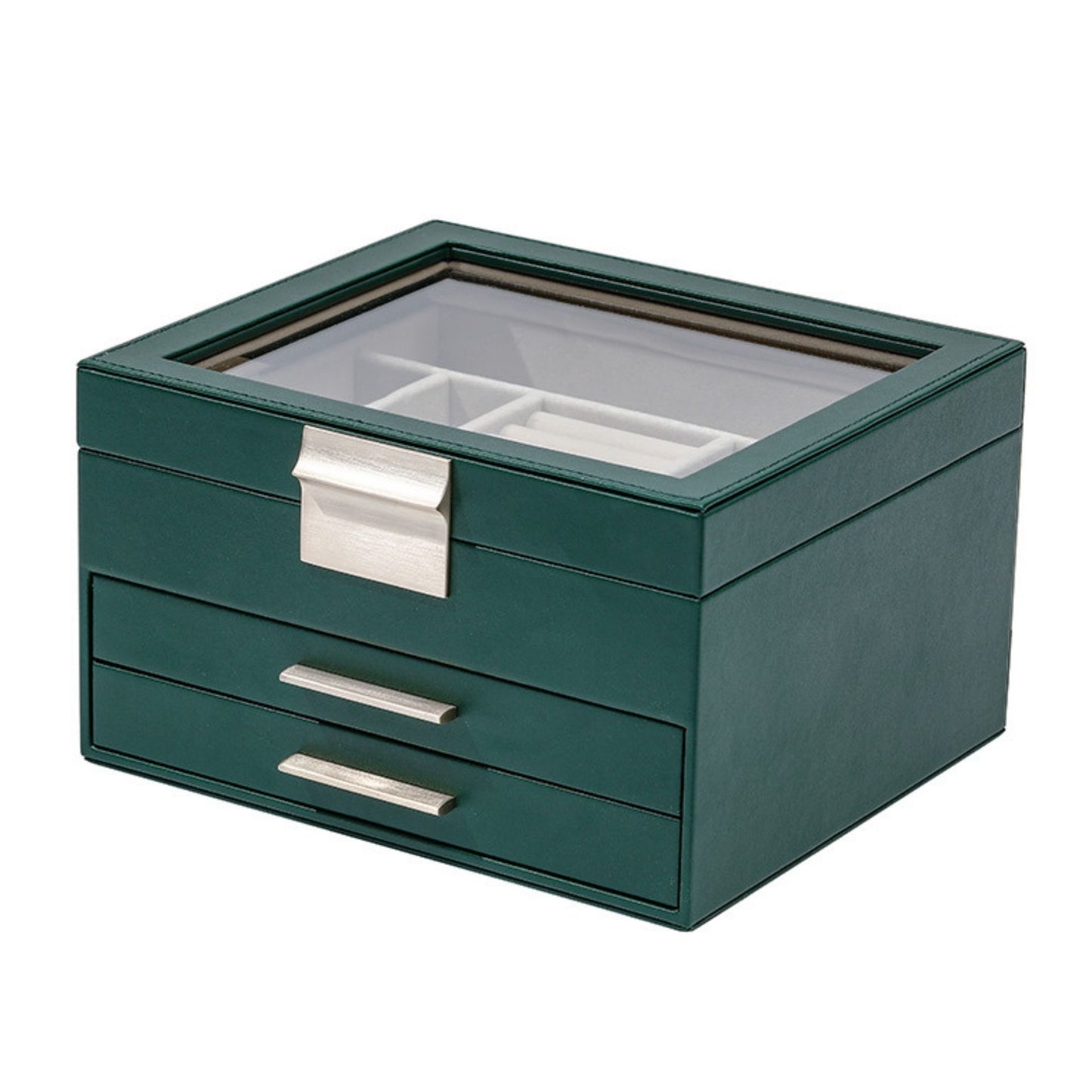 Leather Jewelry Box Organizer with Glass Lid and Drawers SKU 21103