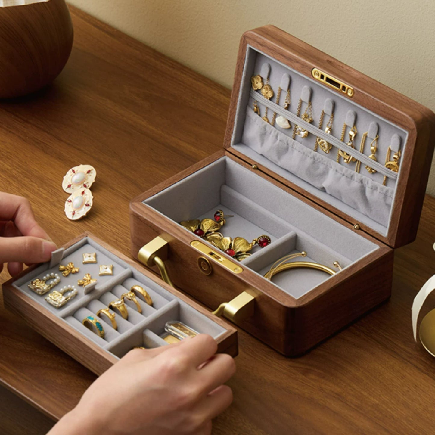 Solid Walnut Jewelry Box with Lock and Carrying Handle SKU 21186