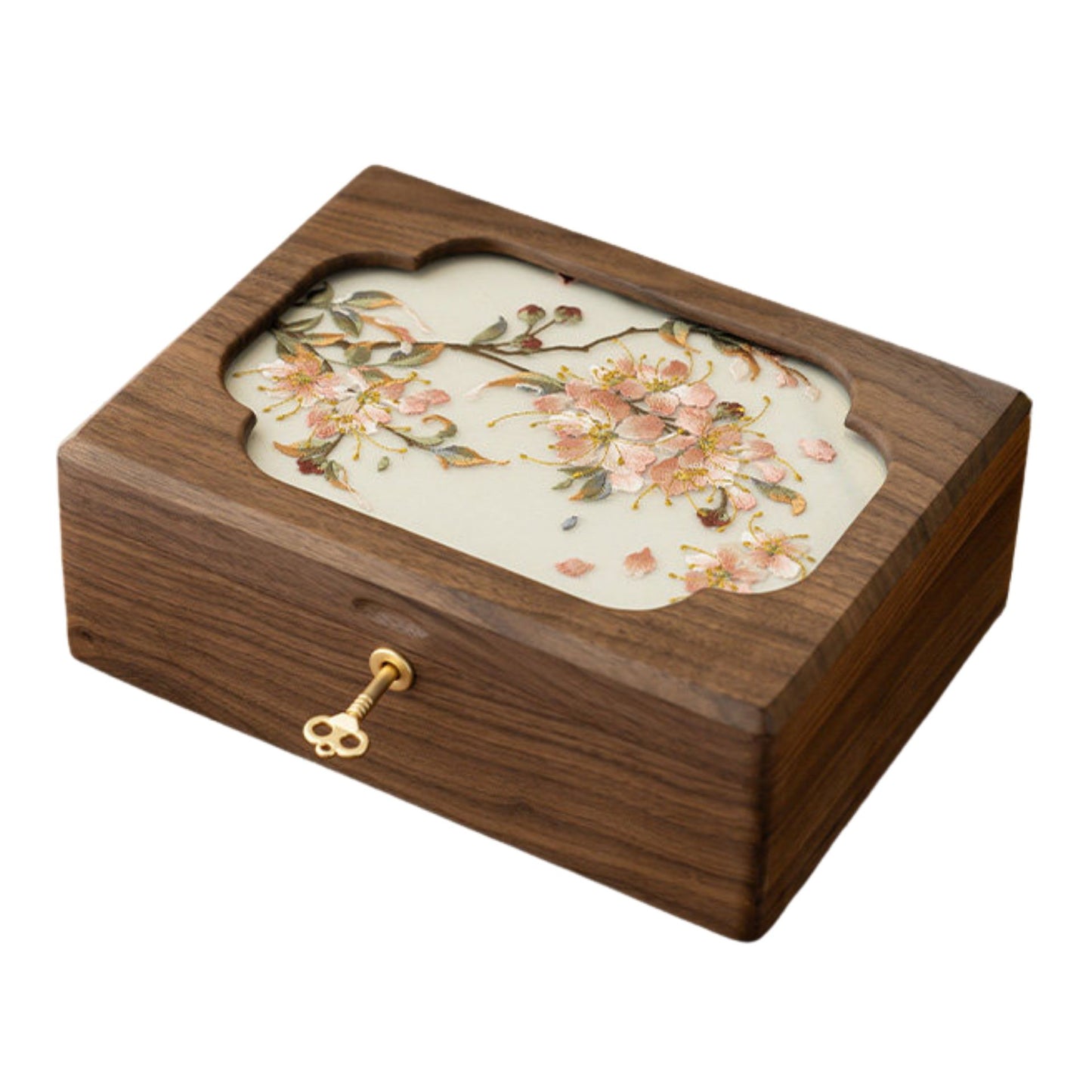 Solid Walnut Jewelry Box with Hand-Embroidered Silk Design SKU 21196