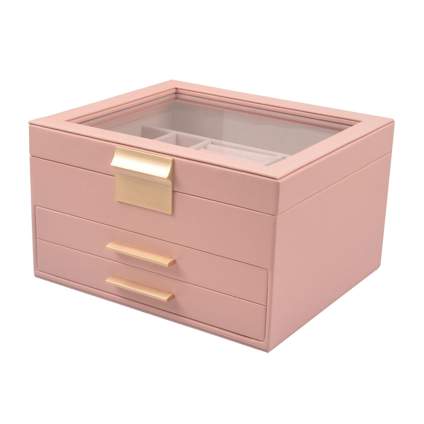 Leather Jewelry Box Organizer with Glass Lid and Drawers SKU 21103