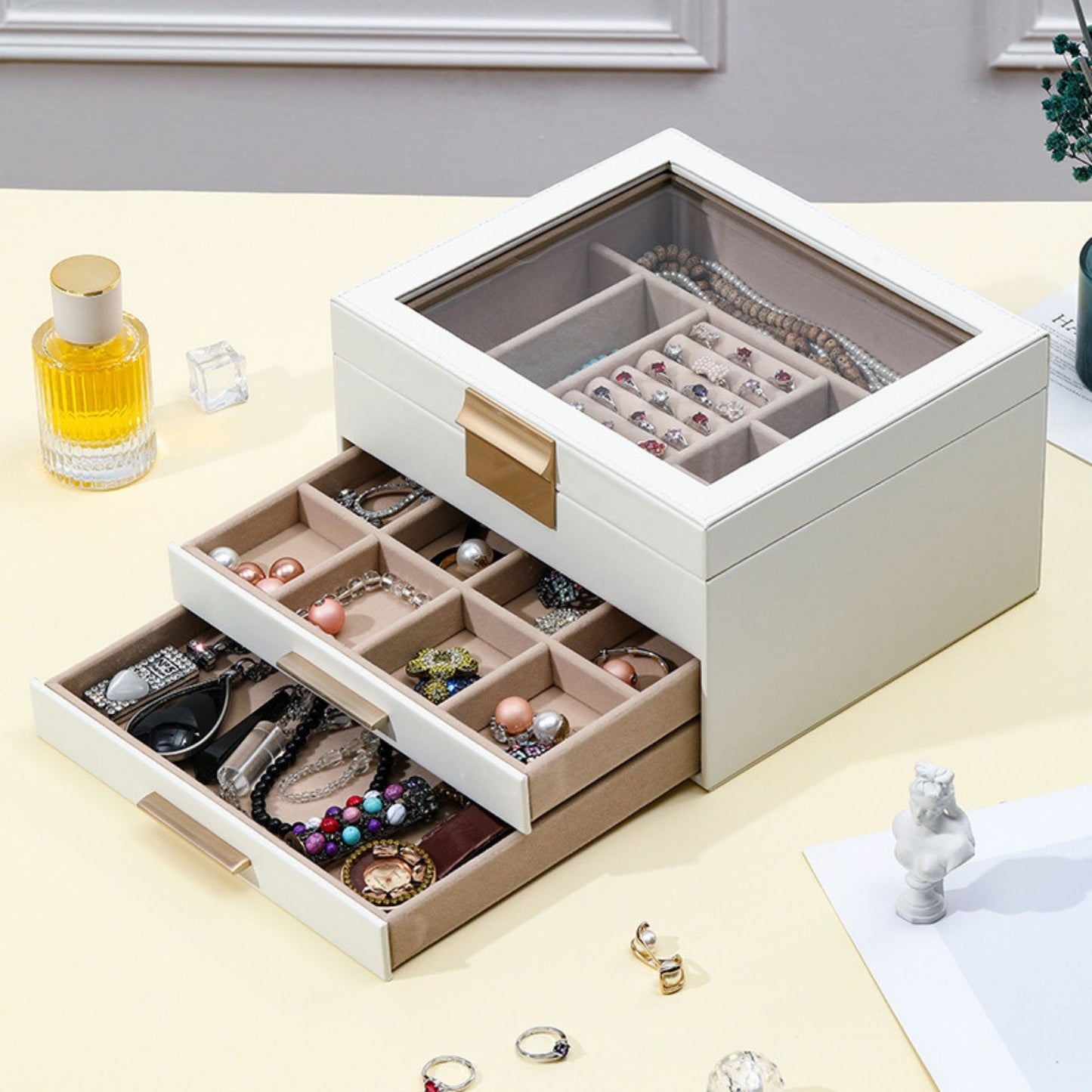 Leather Jewelry Box Organizer with Glass Lid and Drawers SKU 21103