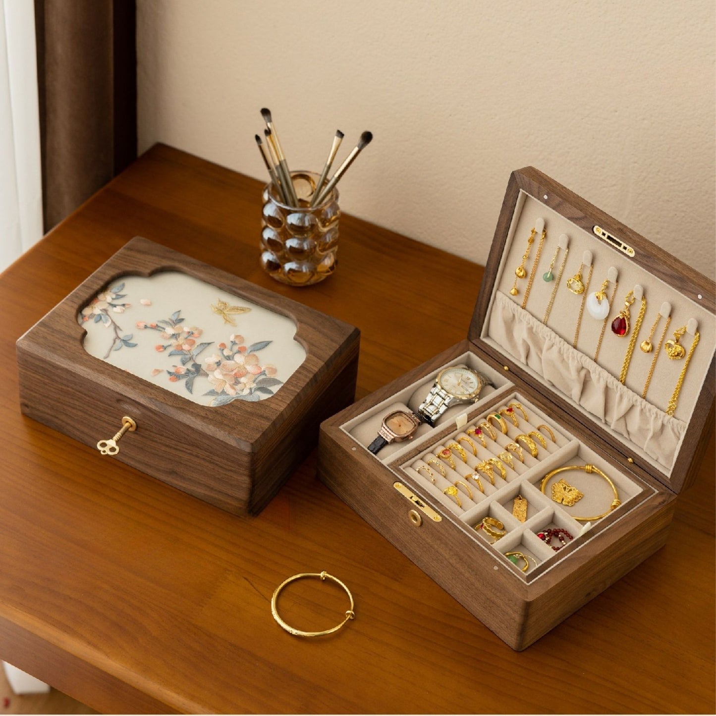 Solid Walnut Jewelry Box with Hand-Embroidered Silk Design SKU 21196