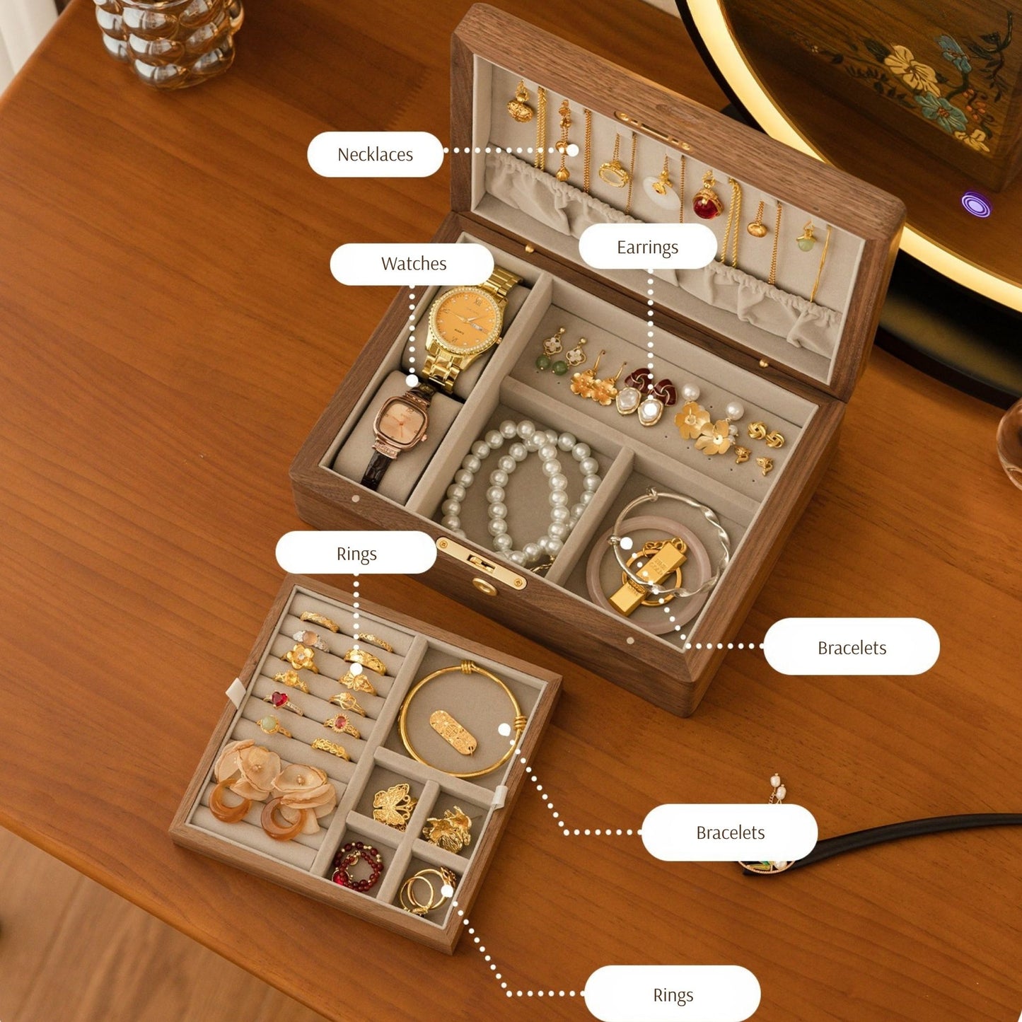Solid Walnut Jewelry Box with Hand-Embroidered Silk Design SKU 21196