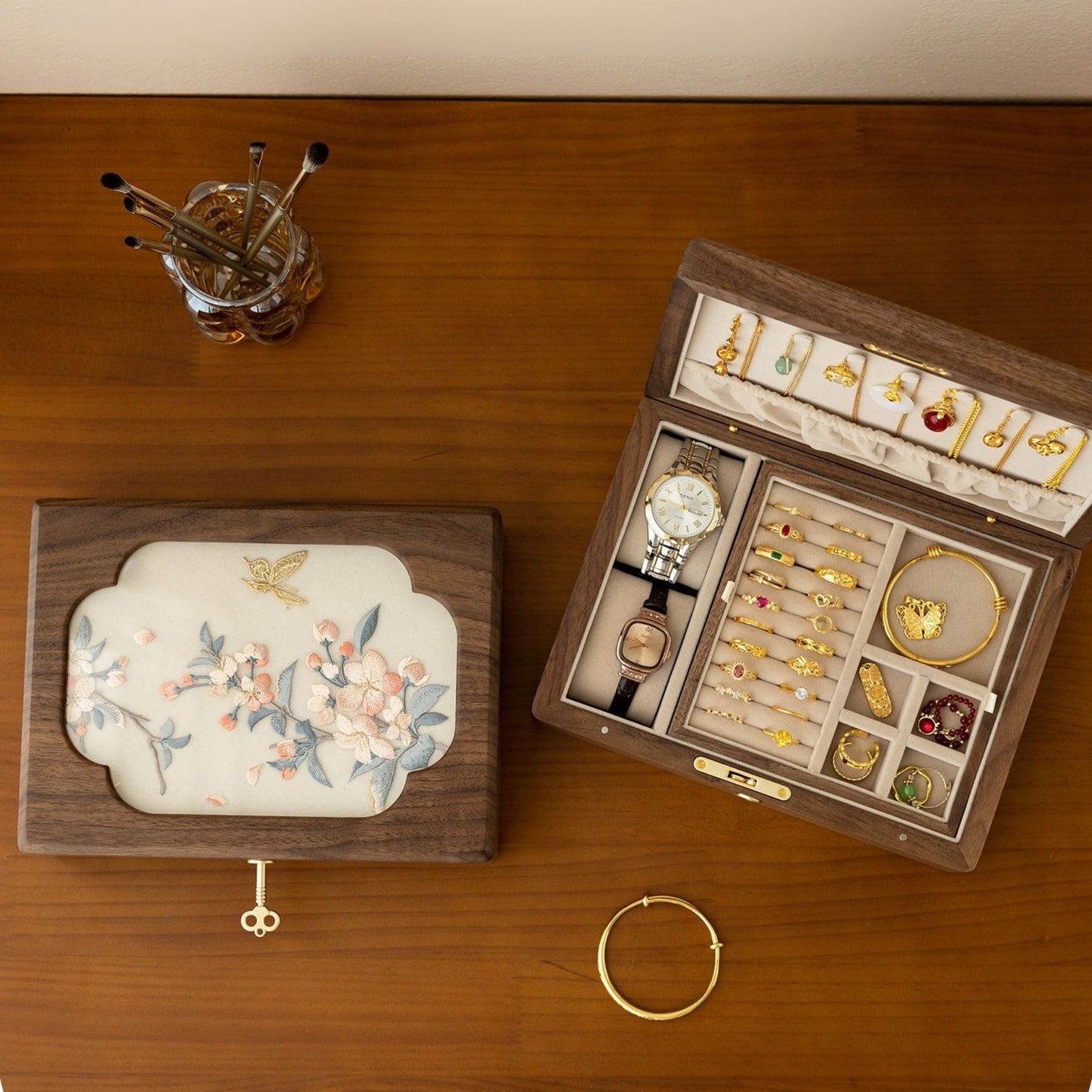 Solid Walnut Jewelry Box with Hand-Embroidered Silk Design SKU 21196