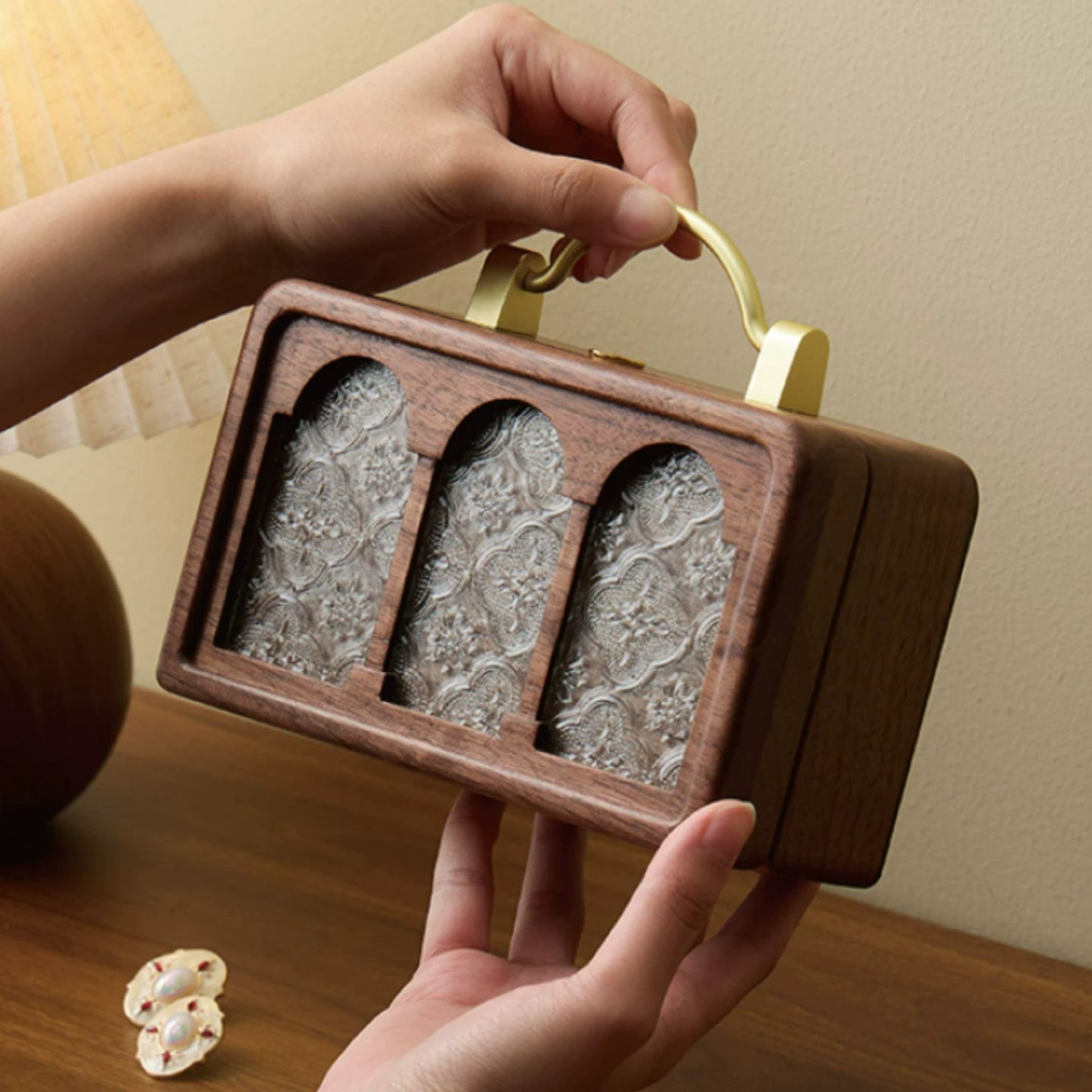 Solid Walnut Jewelry Box with Lock and Carrying Handle SKU 21186