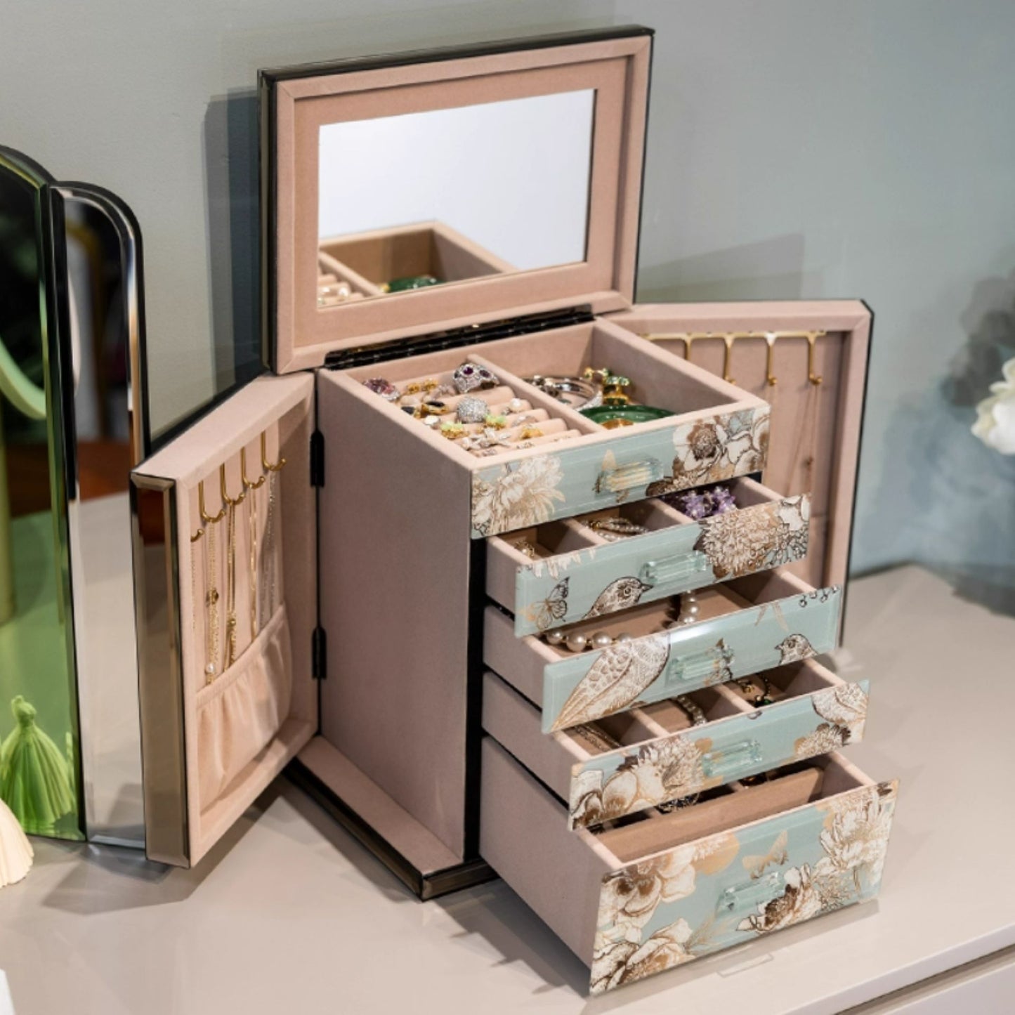 Glass Jewelry Box Organizer with Drawers and Mirror SKU 21168