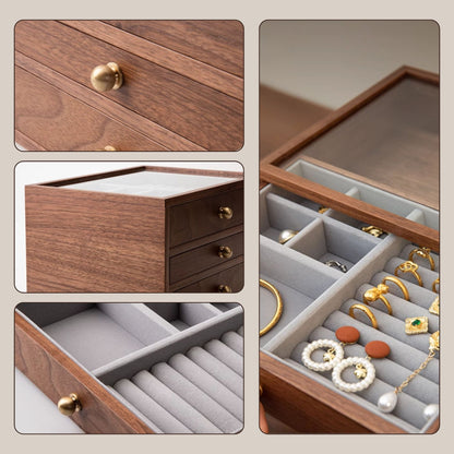 Wooden Jewelry Box with Drawers and Glass Lid SKU 21133