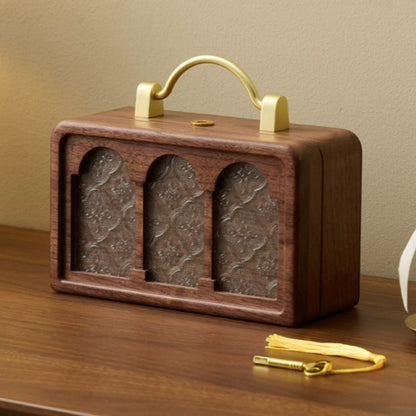 Solid Walnut Jewelry Box with Lock and Carrying Handle SKU 21186