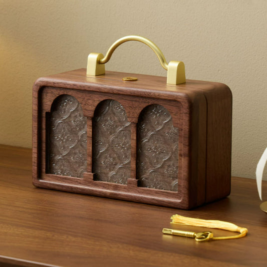 Solid Walnut Jewelry Box with Lock and Carrying Handle SKU 21186