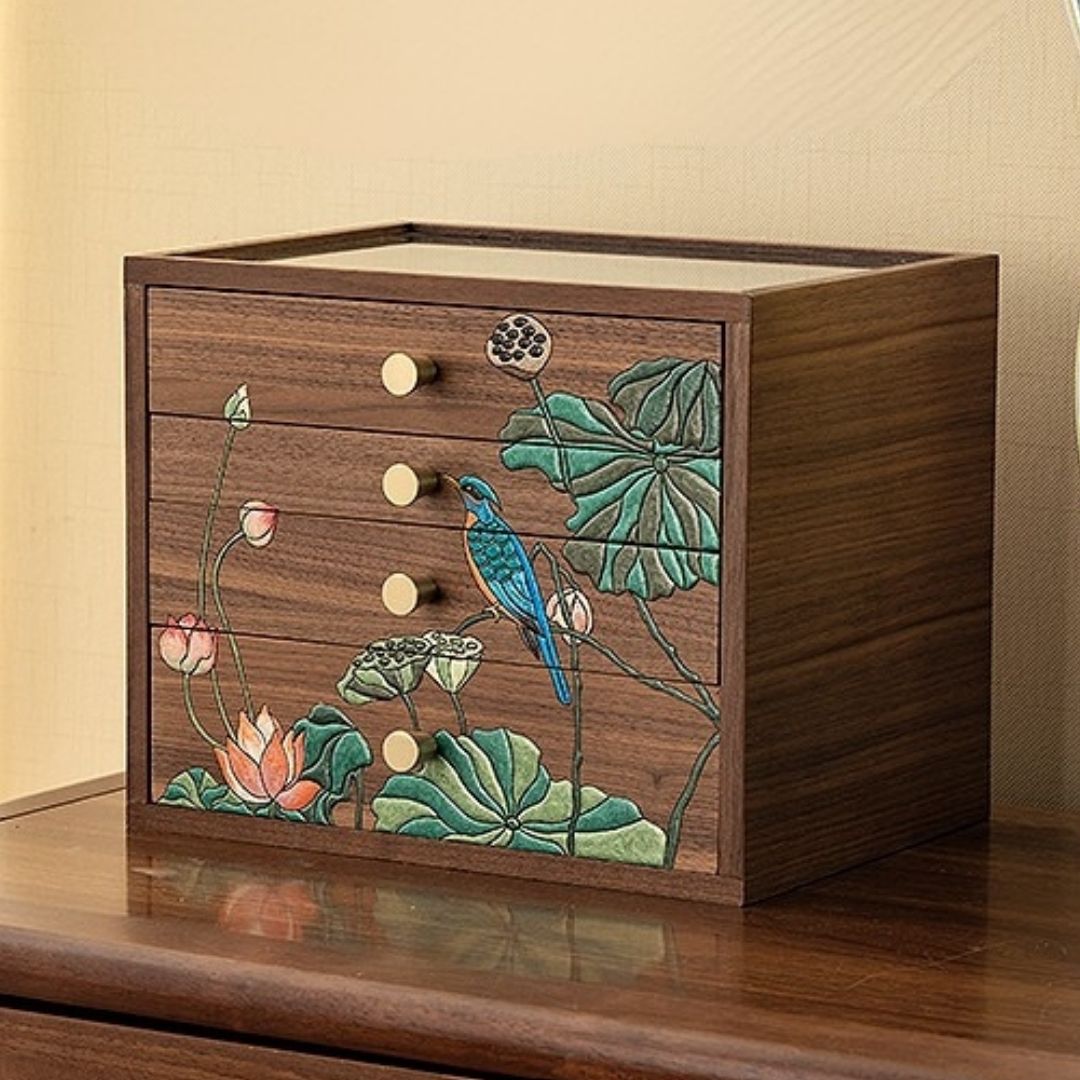 Wooden Jewelry Box with Drawers and Hand Painted Decoration SKU 21163