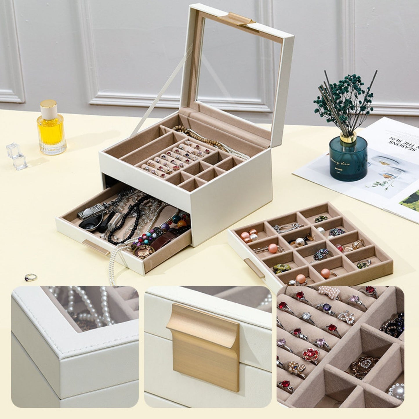 Leather Jewelry Box Organizer with Glass Lid and Drawers SKU 21103