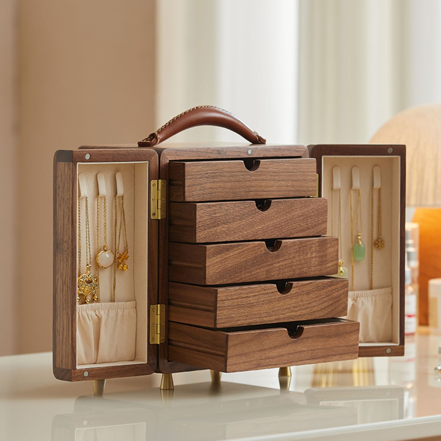 Solid Walnut Wood Jewelry Box with Drawers SKU 21128