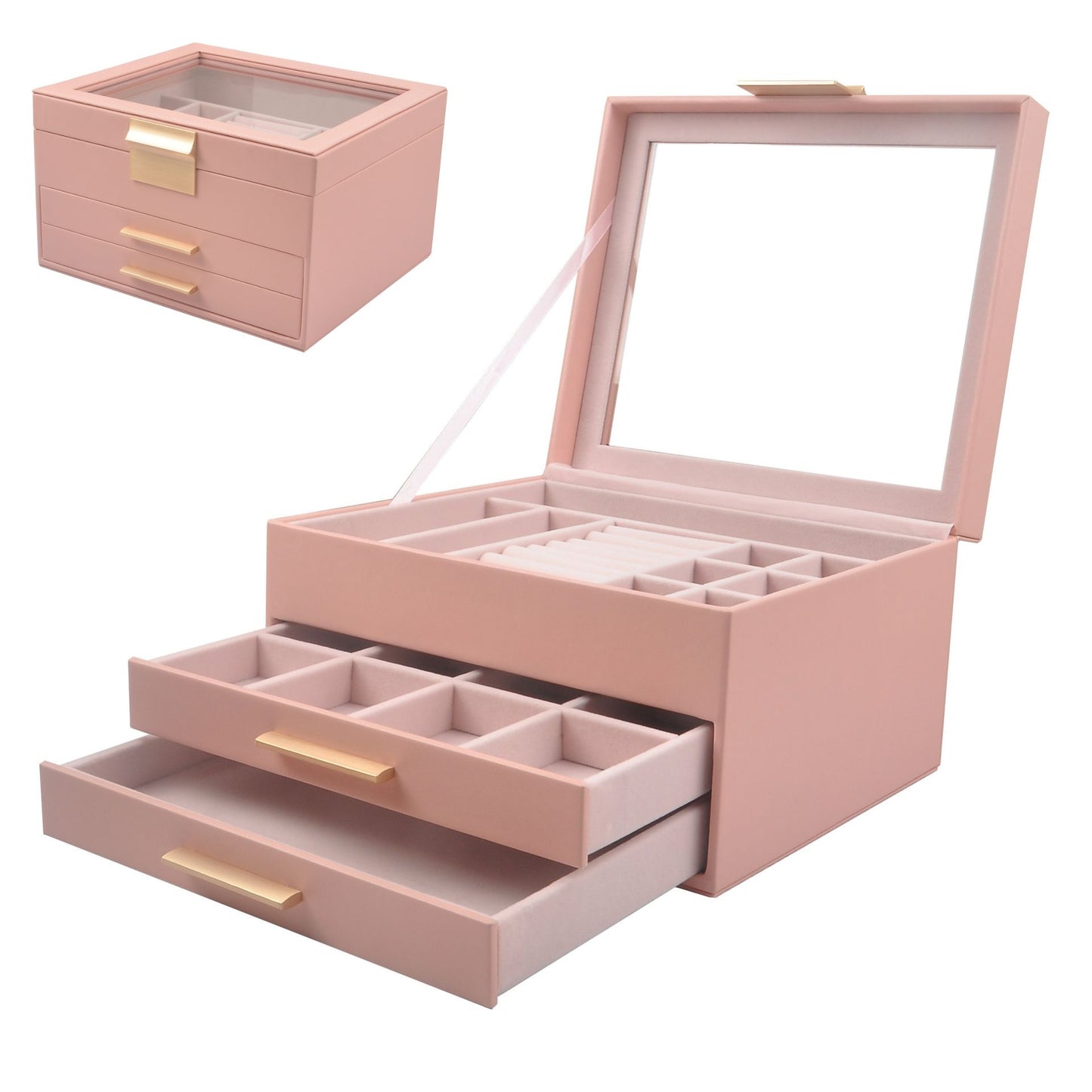 Leather Jewelry Box Organizer with Glass Lid and Drawers SKU 21103